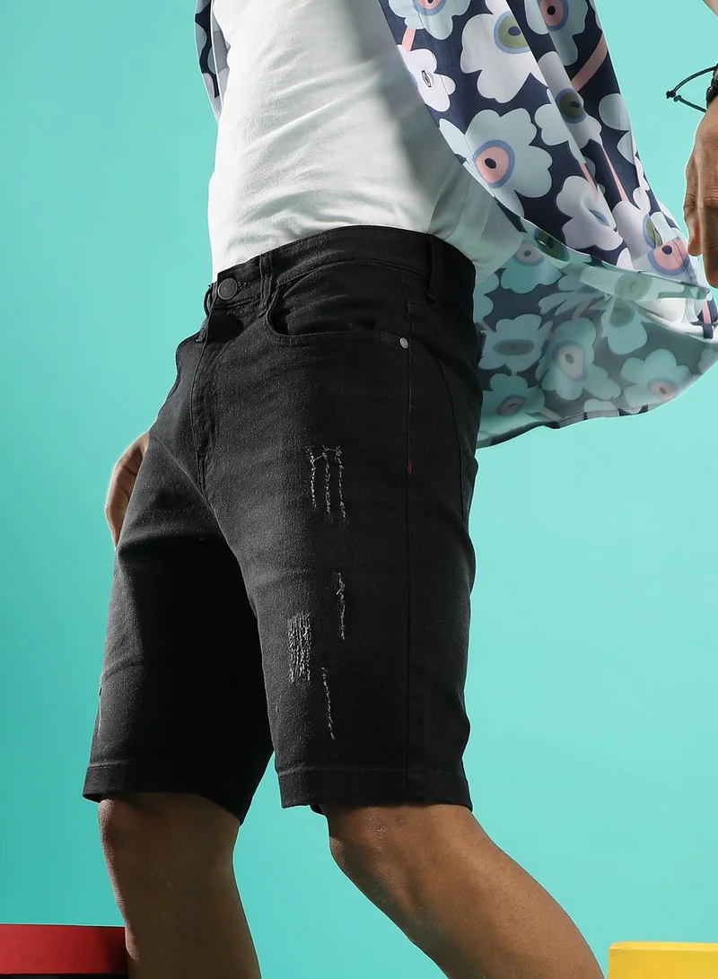 كامبوس سوترا Men's Black Distressed Effect Denim Shorts For Casual Wear | Dark-Wash | Regular Fit | Button Closure | Denim Shorts Crafted With Comfort Fit For Everyday Wear